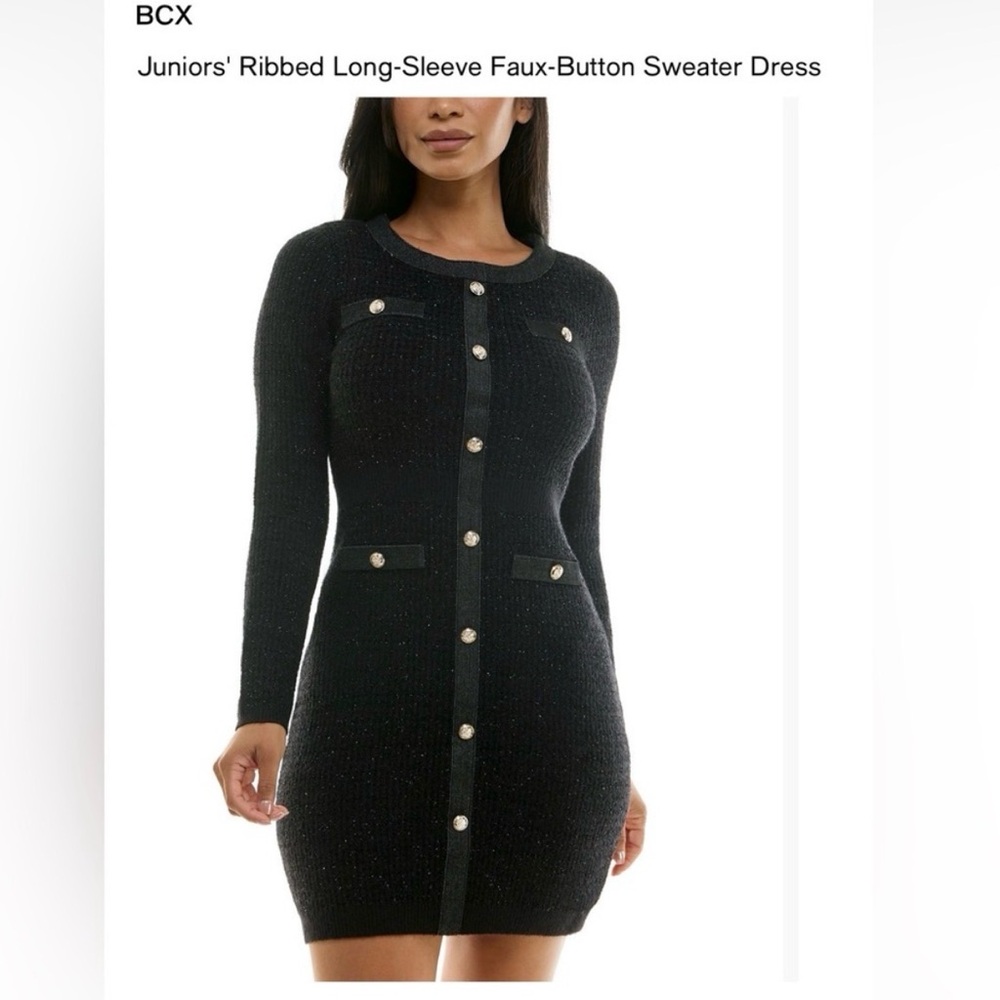 BCX - Ribbed Long-Sleeve Faux-Button Sweater Dress